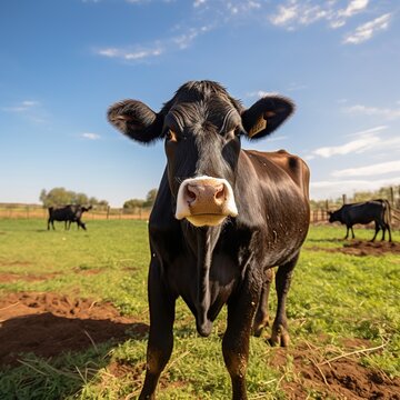 Black cow looking at the camera with blurred background