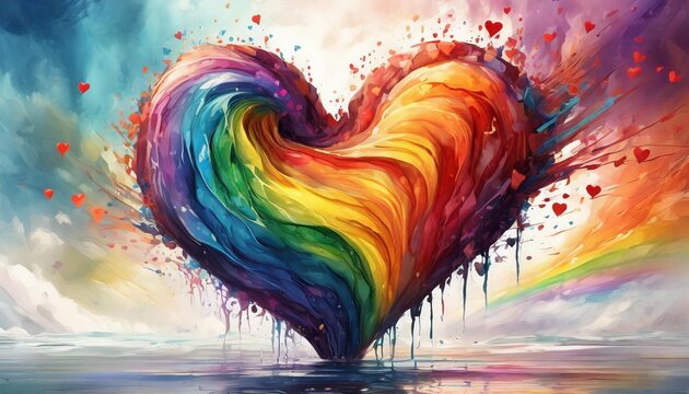colorful heart made of splashes lgbtq rainbow made out of hearts with white background