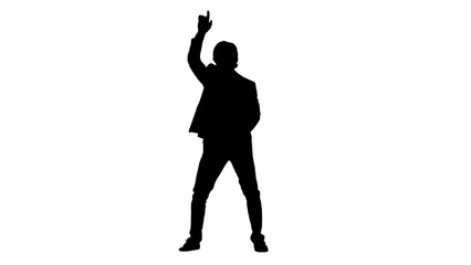 Modern businessman advertising concept. Man in studio isolated on white background with alpha channel. A black silhouette of a businessman in a suit dances funny.