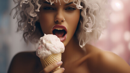 closeup fashion portrait of young hipster crazy girl eating ice cream