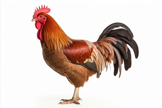 High resolution image of a beautiful domestic chicken standing proudly on a pure white background