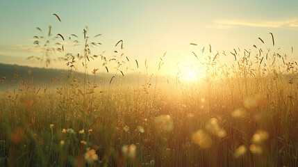 Grassy meadow with sunset in the background