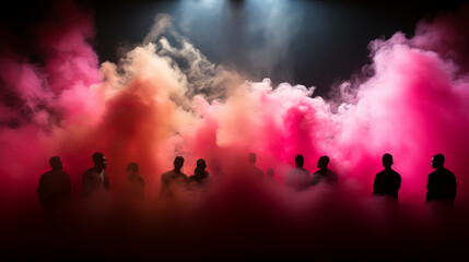 Fototapeta na wymiar Group people on a background of colored smoke