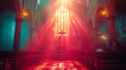 Sunlight streaming through stained glass windows in serene church interior