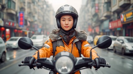 Confident young woman riding a motorcycle in urban scene