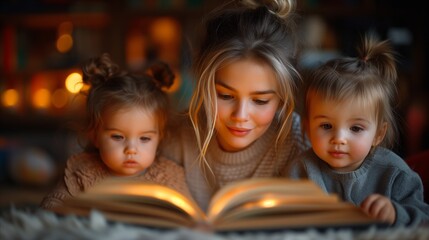 Young mother reading a storybook to her adorable twin toddlers at home - obrazy, fototapety, plakaty