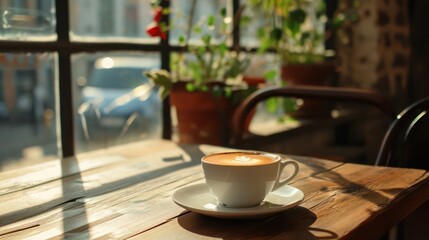 A background featuring a cup of ready-to-drink coffee adorned with a cozy cafe in the backdrop