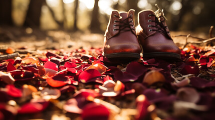 Rose flower petals on a wet ground at a wedding