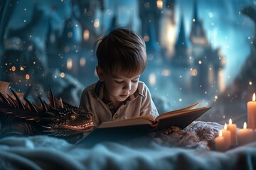 Close up photo little boy reading a book on a dreamy castle and dragon background, fantasy theme
