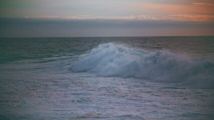 Huge sea wave foaming at morning skyline. Powerful surf rolling breaking shallow
