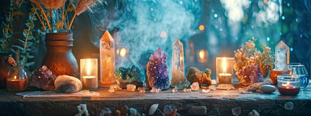 Foto op Aluminium Mystical and Esoteric Altar with Crystals and Dried Flowers in Moody Lighting. © Juan