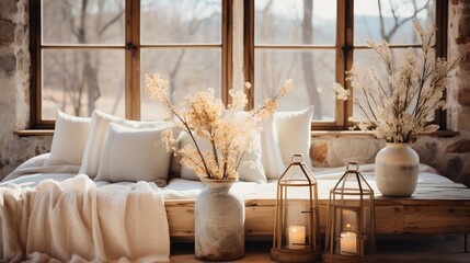 Dried flowers in a rustic living room