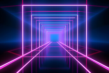Abstract neon light geometric background. Glowing neon lines. Empty futuristic stage laser. Pink blue rectangular laser lines. Square tunnel. Night club empty room. Laser show design.