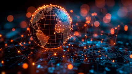 Obraz premium Digital global network connectivity with glowing nodes and earth representation
