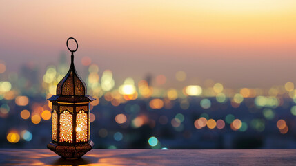 Ramadan, Muslim. Holy month.  Date. Mosque view. Prayer. Fast. city ​​lights accompanied by oil lamps