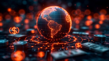 Digital global economy concept with glowing earth and circuit