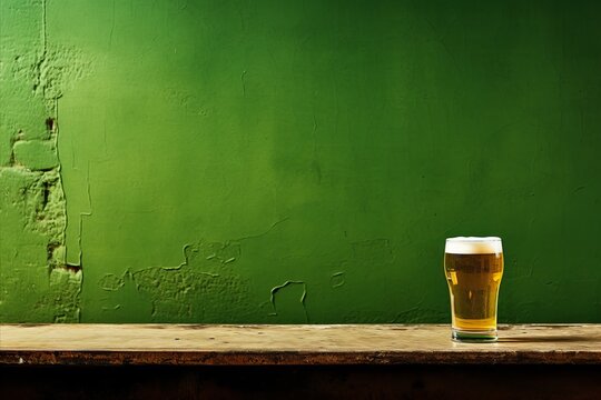Cold beer glass on green background. St. Patricks day banner for irish pub promotions