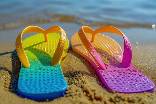 Colorful Flip Flops on Sandy Beach. Generative AI.