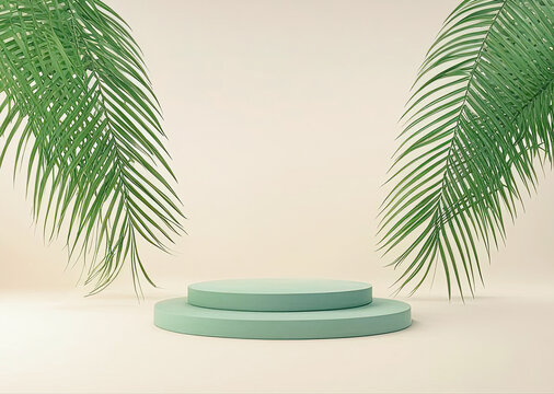 Abstract 3d rendered scene Empty space podium display for product mockup palm leave natural background