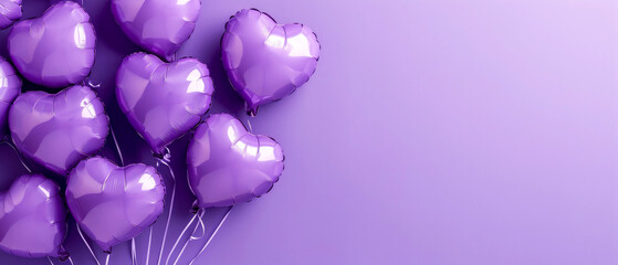 Fototapeta premium Purple heart shaped balloons on a purple background. Valentine's Day. Birthday card. Holidays background. Generative AI