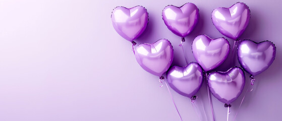 Fototapeta premium Purple heart shaped balloons on a purple background. Valentine's Day. Birthday card. Holidays background. Generative AI
