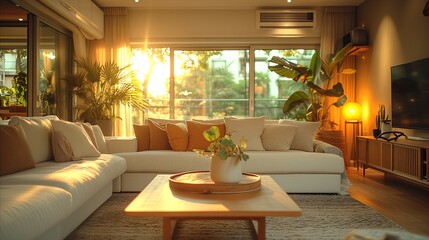 Fototapeta premium Cozy modern living room bathed in warm sunset light with comfortable sofa and decor