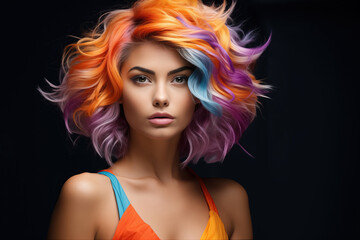 Naklejka premium Vibrant Kaleidoscope: Fashion Model Woman Captivatingly Posing for Captivating Portraiture on Black Background