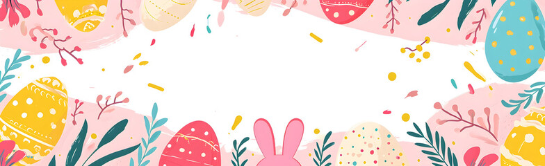 Happy Easter banner. Trendy Easter design with typography, hand painted strokes and dots, eggs and bunny in pastel colors. Modern minimal style