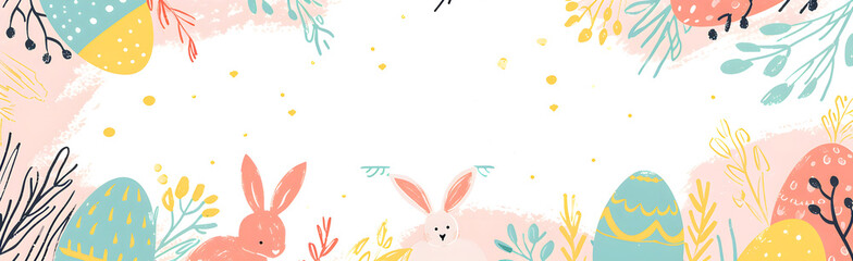 Happy Easter banner. Trendy Easter design with typography, hand painted strokes and dots, eggs and bunny in pastel colors. Modern minimal style - obrazy, fototapety, plakaty