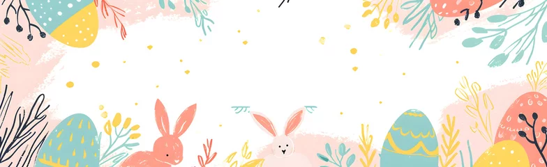 Poster Happy Easter banner. Trendy Easter design with typography, hand painted strokes and dots, eggs and bunny in pastel colors. Modern minimal style © Oleksiy