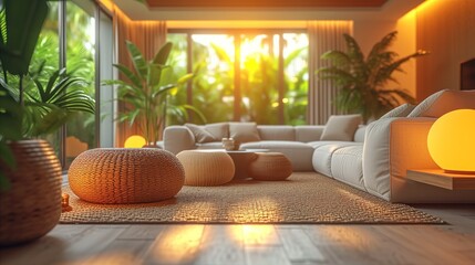 Cozy modern living room interior with warm sunset light