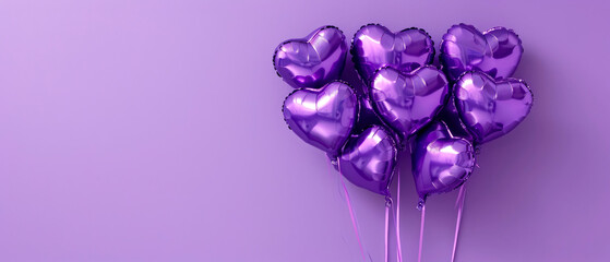 Purple heart shaped balloons on a purple background. Valentine's Day. Birthday card. Holidays background. Generative AI