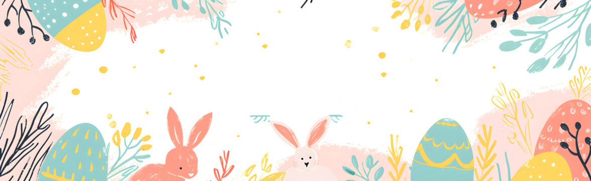 Happy Easter banner. Trendy Easter design with typography, hand painted strokes and dots, eggs and bunny in pastel colors. Modern minimal style