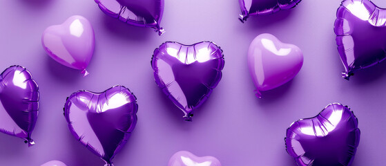 Mockup of purple heart shaped balloons. Flat layout. View from above. Valentine's Day. Birthday card. Holidays background. Generative A