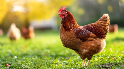  Elegant red and brown hen standing in sunlit pasture on farm © OKAN