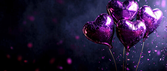 Purple heart shaped balloons on a purple textured background. Valentine's Day. Birthday card. Holidays background. Generative  - Powered by Adobe