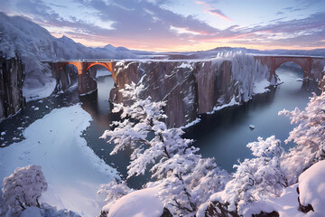 Riverside covered with snow. Generative AI.