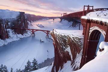 A cold wave that freezes the water surface. Generative AI.