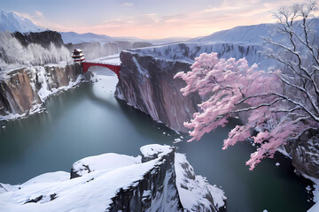 Riverside covered with snow. Generative AI.