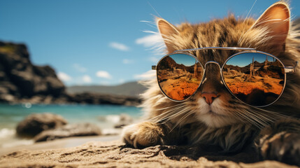 funny cat in round sunglasses close-up