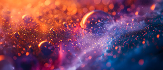 A vibrant display of colorful water droplets bursting with light and blurred in an abstract fireworks-like fashion