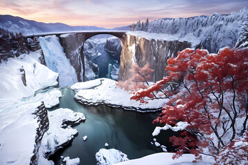 Sudden heavy snow before the trees wither. Generative AI.