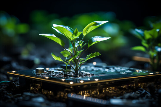 Jeunes pousses qui poussent dans des puces informatiques, ordinateur et concept de numérique responsable vert et croissance verte