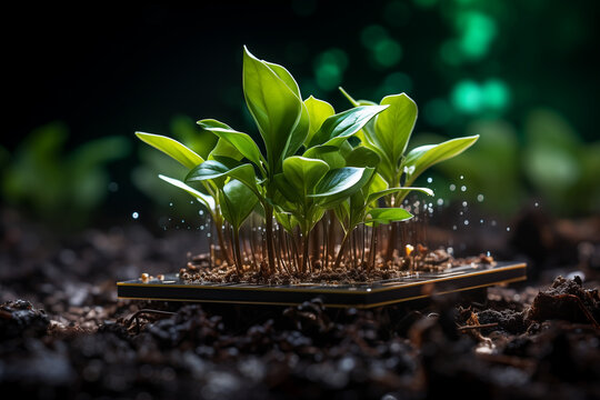 Jeunes pousses qui poussent dans des puces informatiques, ordinateur et concept de numérique responsable vert