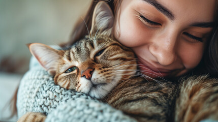 Happy young woman cuddling with cute cat at home, friendship with pet, love between pet and human. - Powered by Adobe