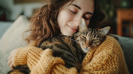 Happy young woman cuddling with cute cat at home, friendship with pet, love between pet and human.