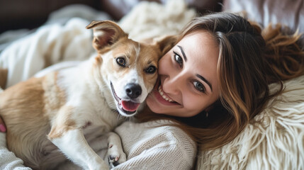 Obraz premium Young woman cuddling with cute little dog at home, friendship with pet, love between pet and human.