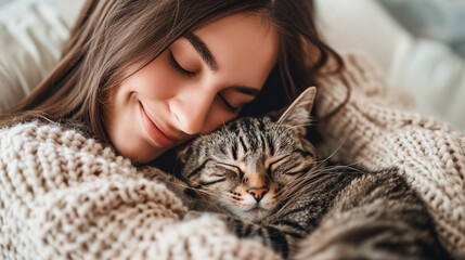 Happy young woman cuddling with cute cat at home, friendship with pet, love between pet and human.
