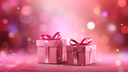 Fototapeta premium Valentine's Day greeting card design. Pink gift boxes with hearts and glittering on pink background with copy space.