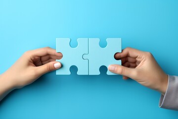 Two hands holding puzzle pieces to complete the puzzle